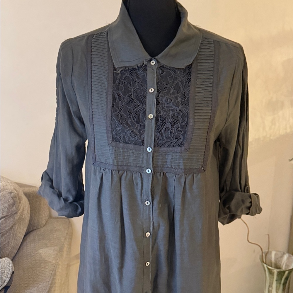 Gray Button-Up cotton/silk Dress with Lace size M - Picture 4 of 7